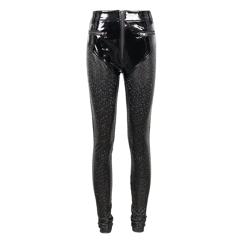 PT156 Hexagon pattern bright leather leggings