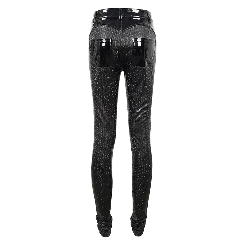 PT156 Hexagon pattern bright leather leggings