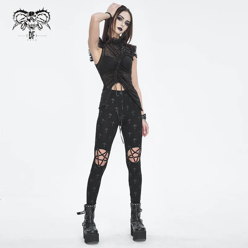 PT234 Knee star-shaped hollow out cross printing knitted trousers for women