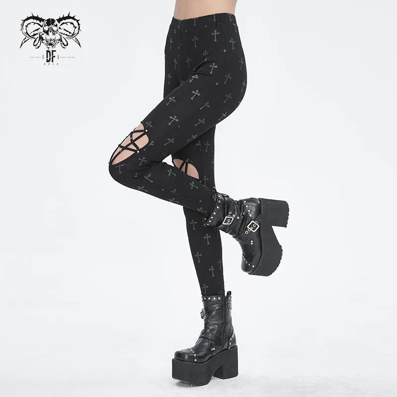 PT234 Knee star-shaped hollow out cross printing knitted trousers for women