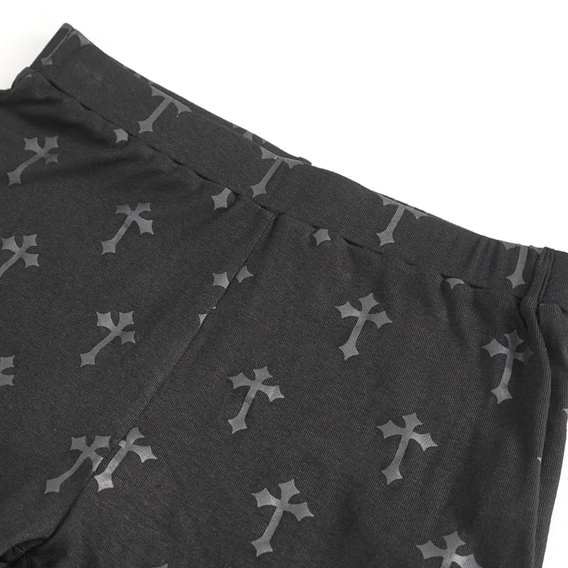 PT234 Knee star-shaped hollow out cross printing knitted trousers for women
