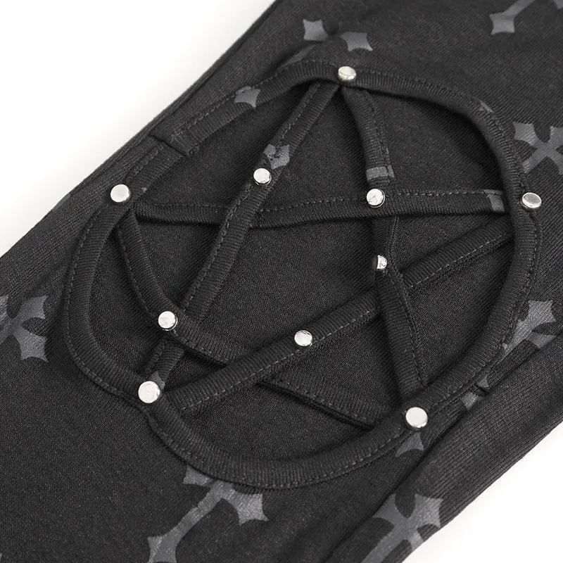 PT234 Knee star-shaped hollow out cross printing knitted trousers for women