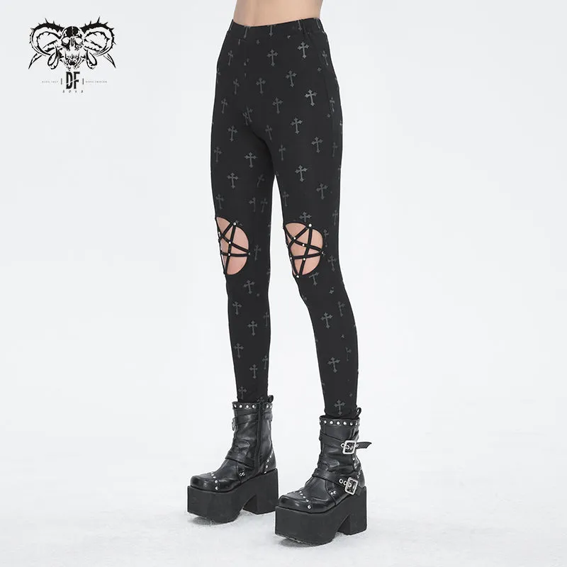 PT234 Knee star-shaped hollow out cross printing knitted trousers for women