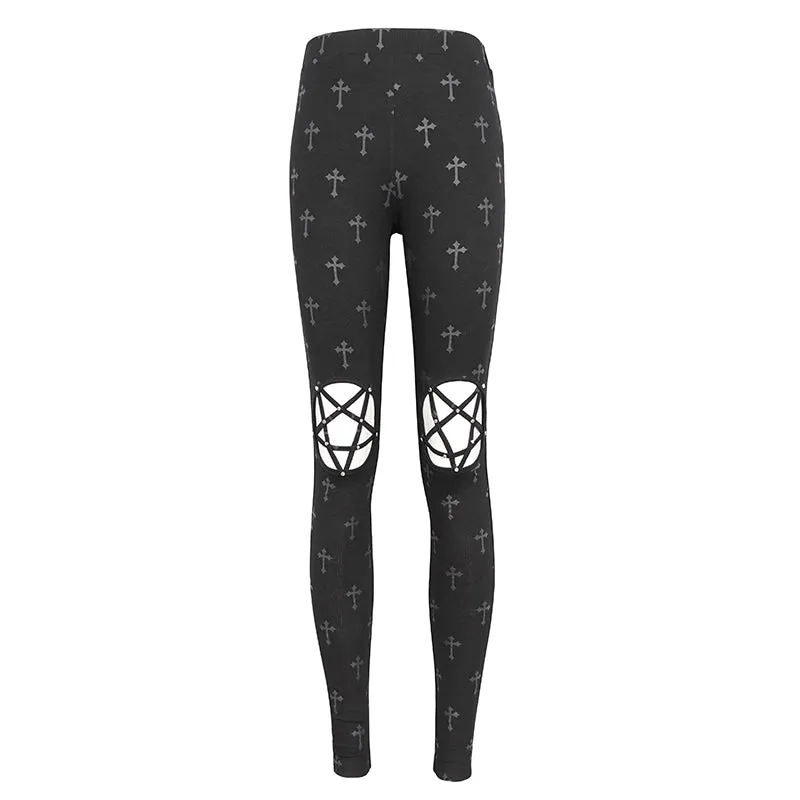 PT234 Knee star-shaped hollow out cross printing knitted trousers for women