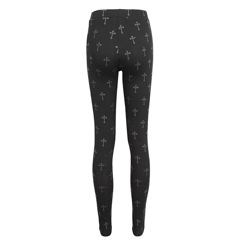 PT234 Knee star-shaped hollow out cross printing knitted trousers for women