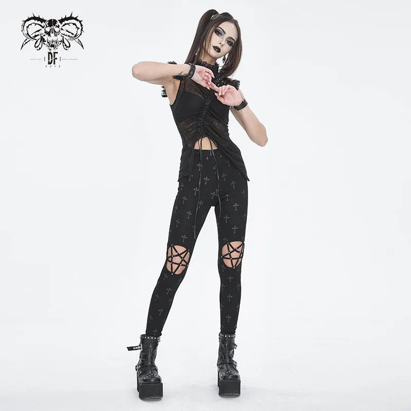 PT234 Knee star-shaped hollow out cross printing knitted trousers for women