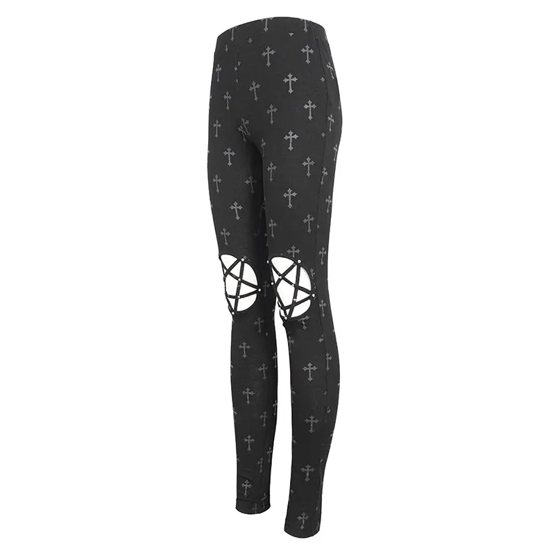 PT234 Knee star-shaped hollow out cross printing knitted trousers for women