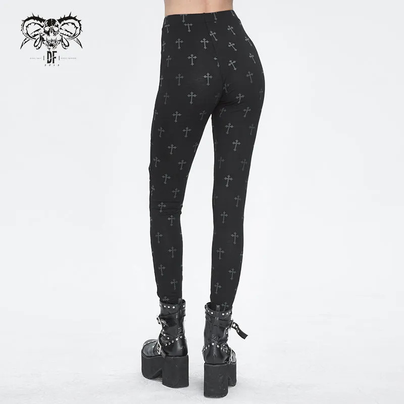 PT234 Knee star-shaped hollow out cross printing knitted trousers for women