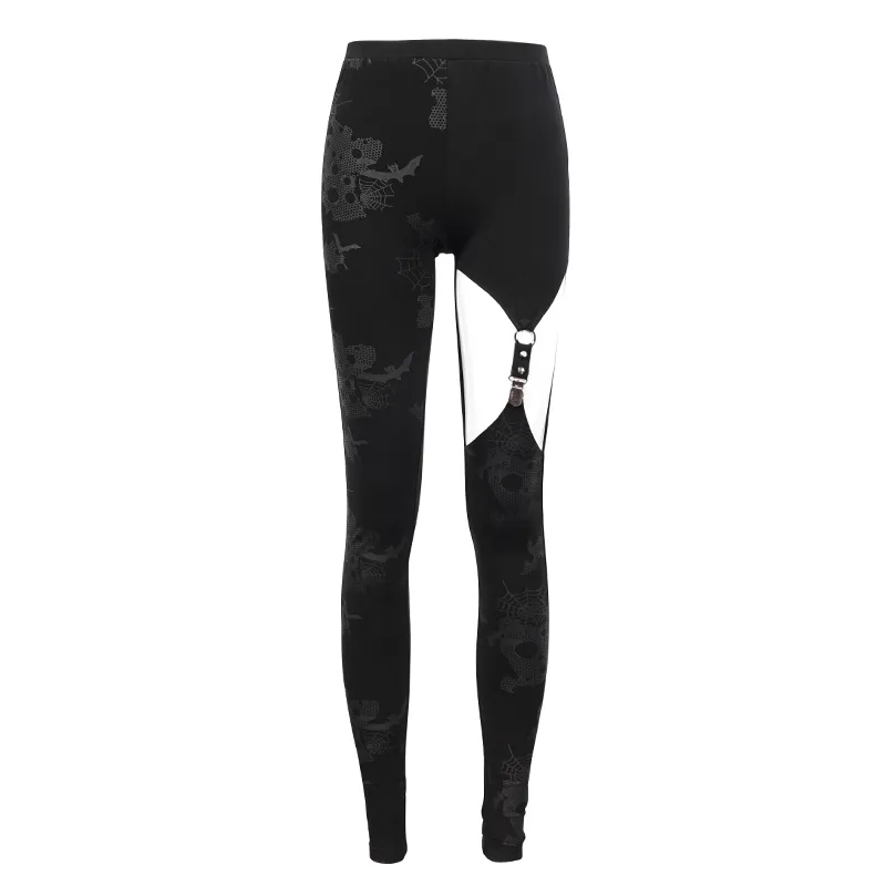 Punk Asymmetrical Stretch Trousers with Print for Lady / Fashion Women‘s Black Leggings