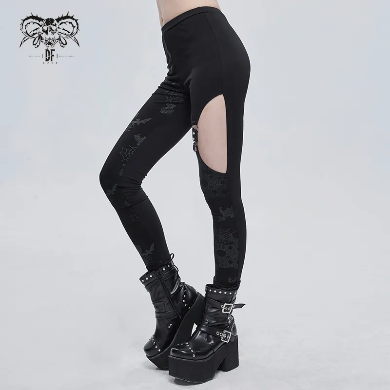 Punk Asymmetrical Stretch Trousers with Print for Lady / Fashion Women‘s Black Leggings