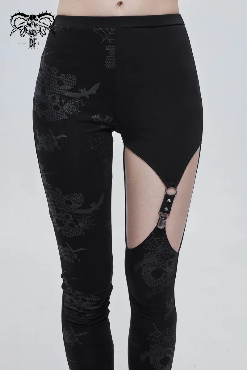 Punk Asymmetrical Stretch Trousers with Print for Lady / Fashion Women‘s Black Leggings