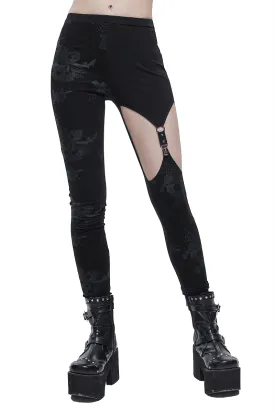 Punk Asymmetrical Stretch Trousers with Print for Lady / Fashion Women‘s Black Leggings