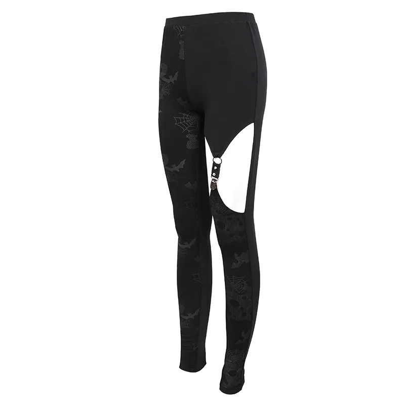 Punk Asymmetrical Stretch Trousers with Print for Lady / Fashion Women‘s Black Leggings