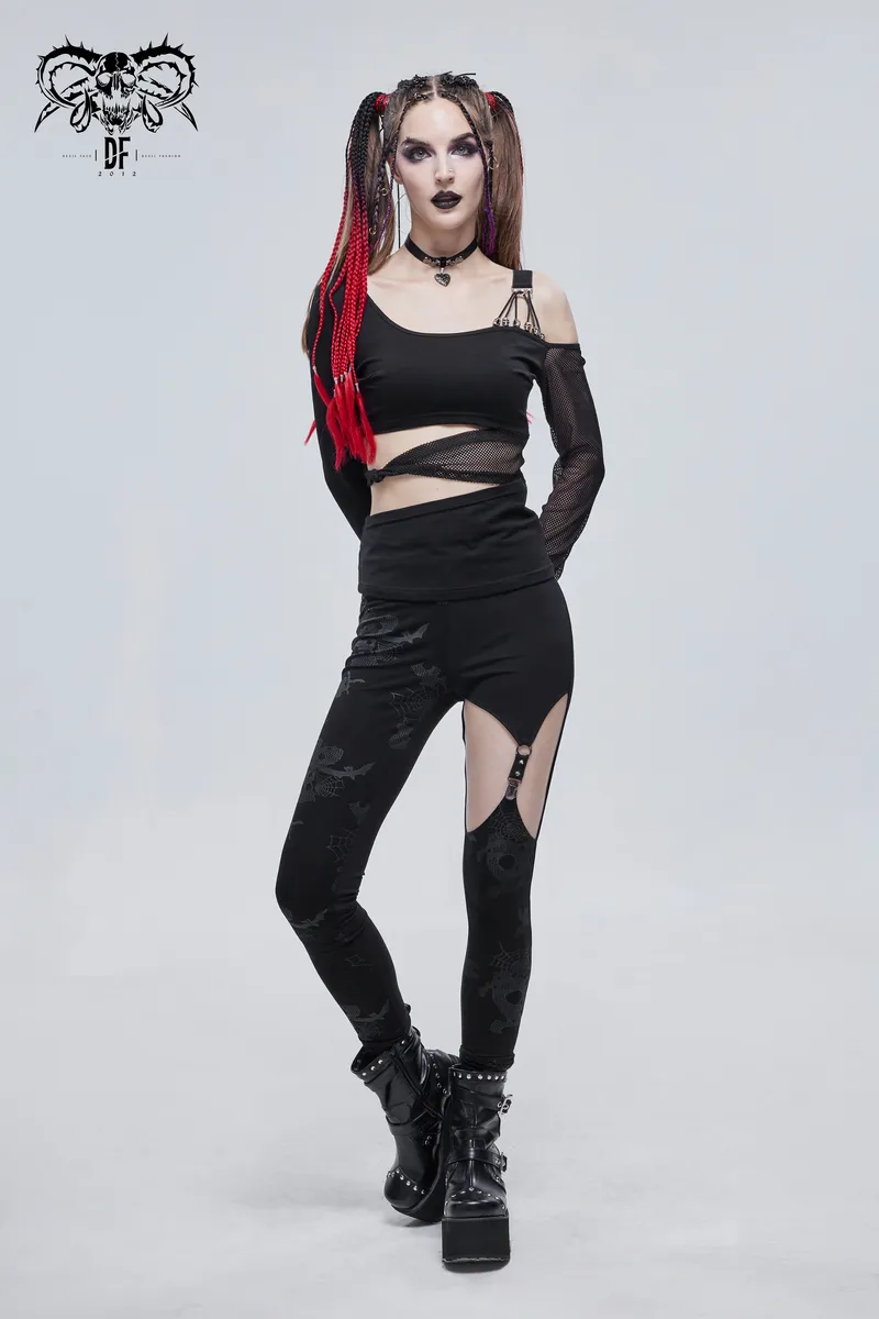 Punk Asymmetrical Stretch Trousers with Print for Lady / Fashion Women‘s Black Leggings