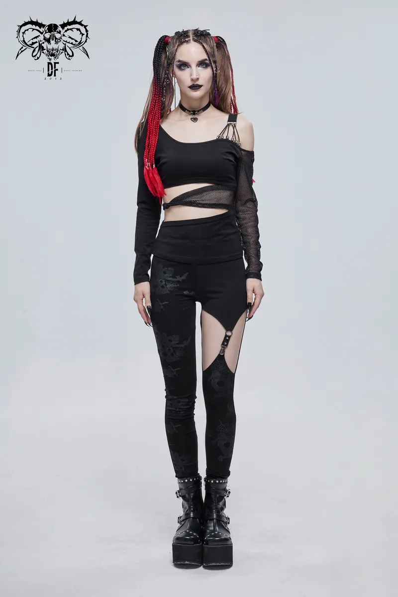 Punk Asymmetrical Stretch Trousers with Print for Lady / Fashion Women‘s Black Leggings