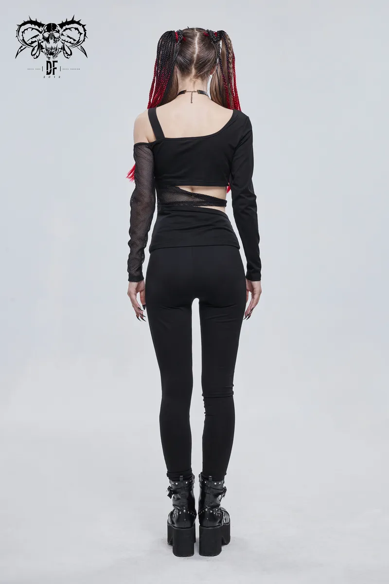 Punk Asymmetrical Stretch Trousers with Print for Lady / Fashion Women‘s Black Leggings