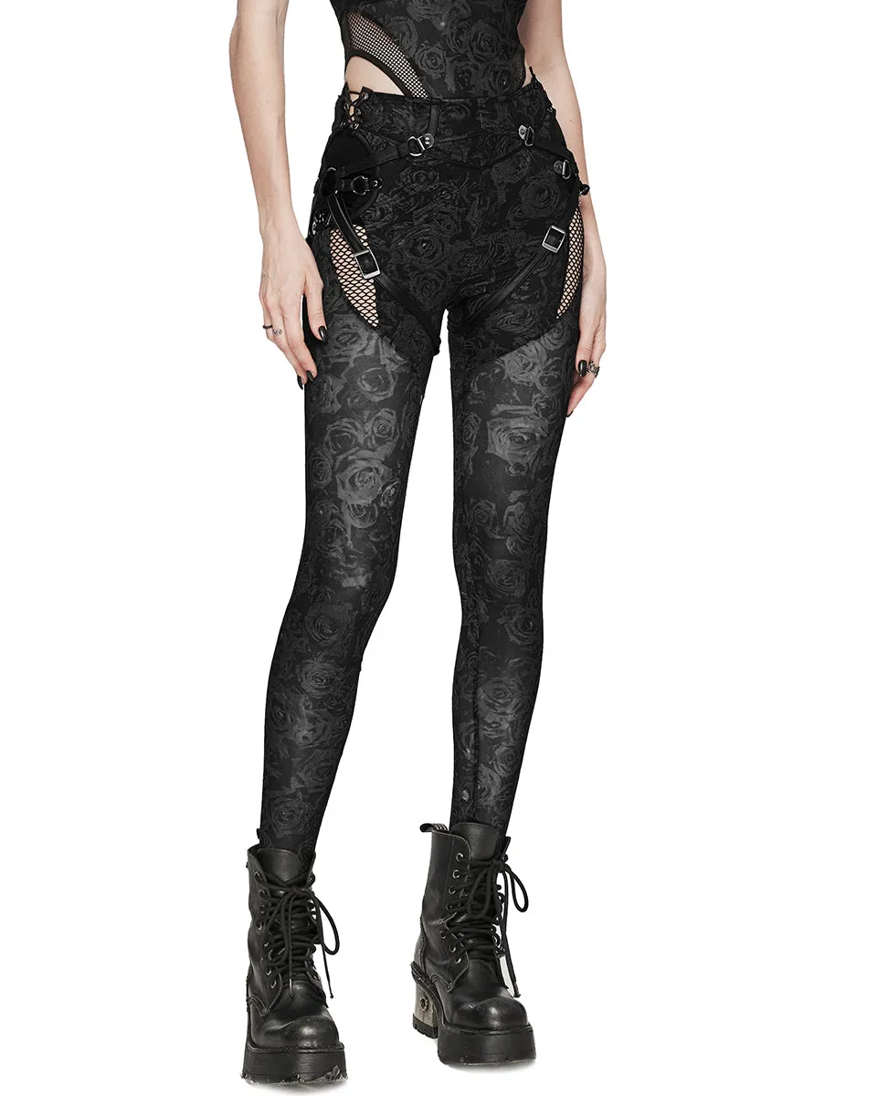 Punk Rave Daily Life Dark Punk Rose Mesh Strapping Leggings