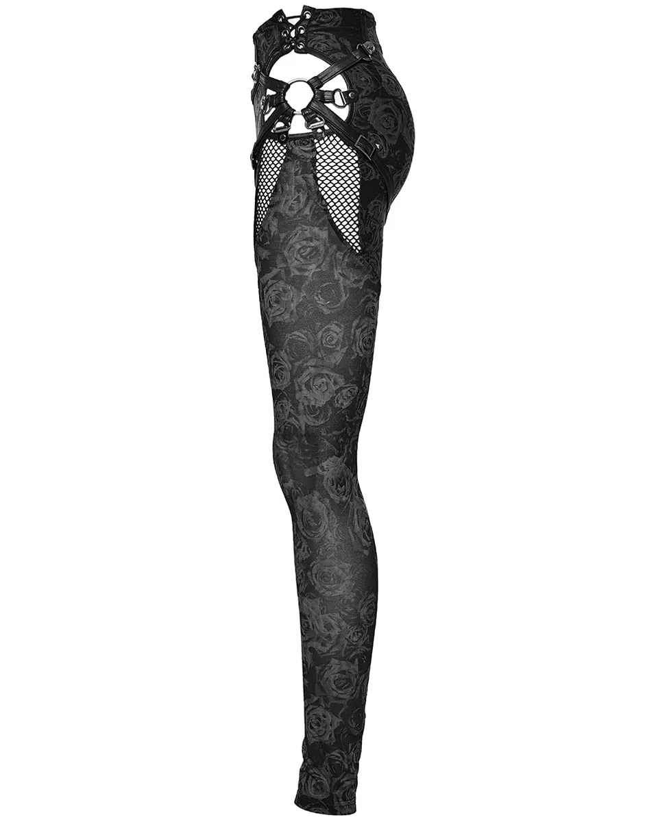 Punk Rave Daily Life Dark Punk Rose Mesh Strapping Leggings