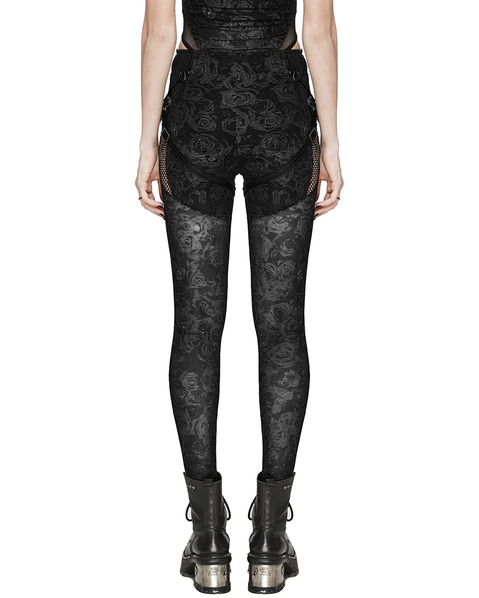 Punk Rave Daily Life Dark Punk Rose Mesh Strapping Leggings