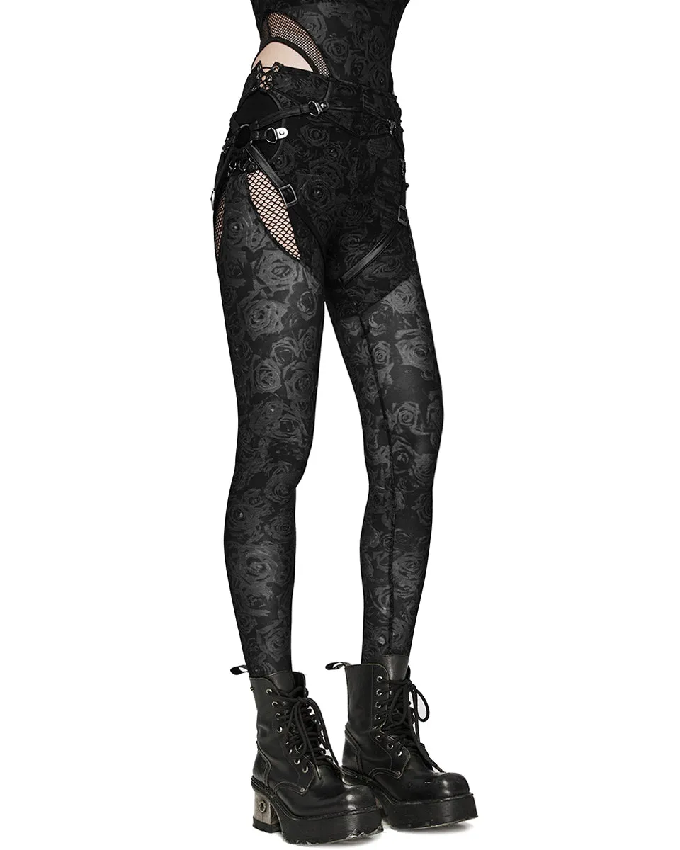 Punk Rave Daily Life Dark Punk Rose Mesh Strapping Leggings
