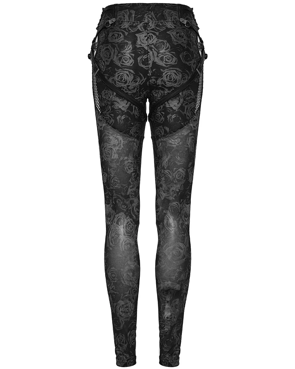Punk Rave Daily Life Dark Punk Rose Mesh Strapping Leggings
