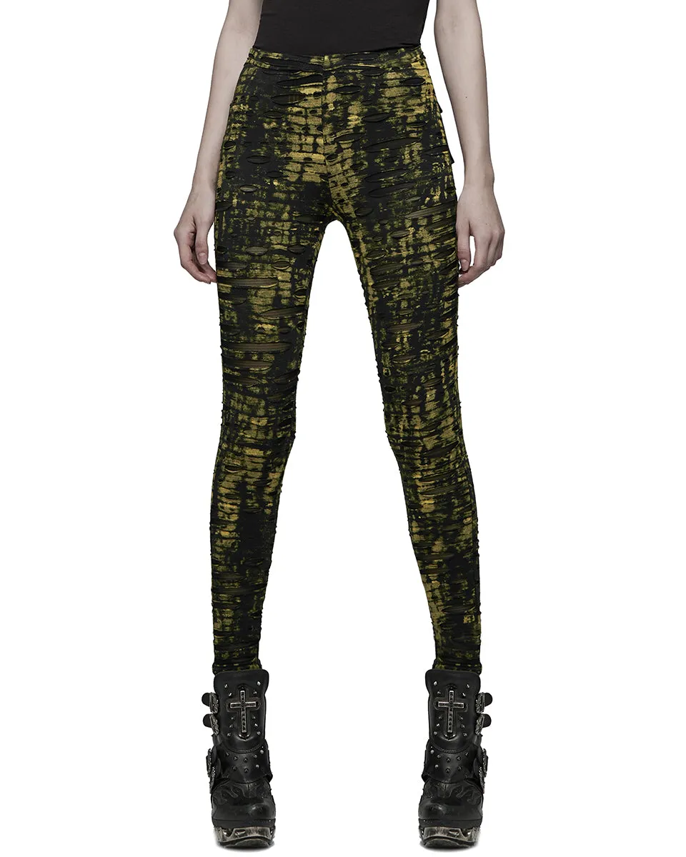Punk Rave Womens Apocalyptic Punk Coated Broken Knit Leggings - Black & Yellow