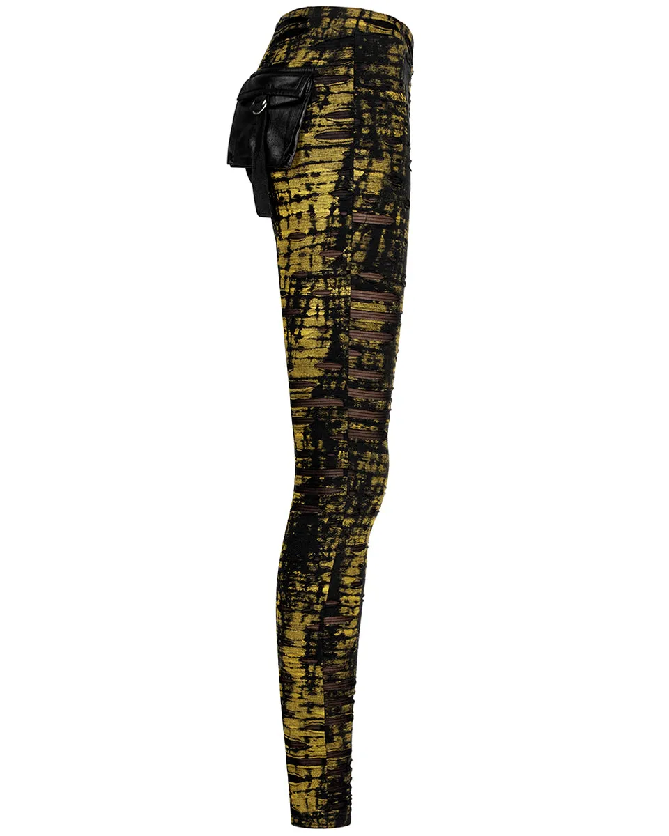 Punk Rave Womens Apocalyptic Punk Coated Broken Knit Leggings - Black & Yellow