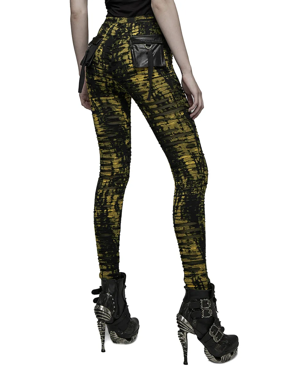 Punk Rave Womens Apocalyptic Punk Coated Broken Knit Leggings - Black & Yellow