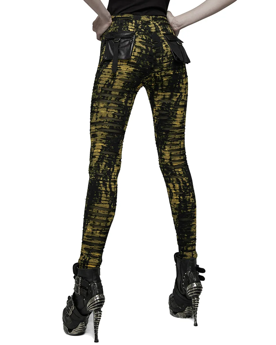 Punk Rave Womens Apocalyptic Punk Coated Broken Knit Leggings - Black & Yellow
