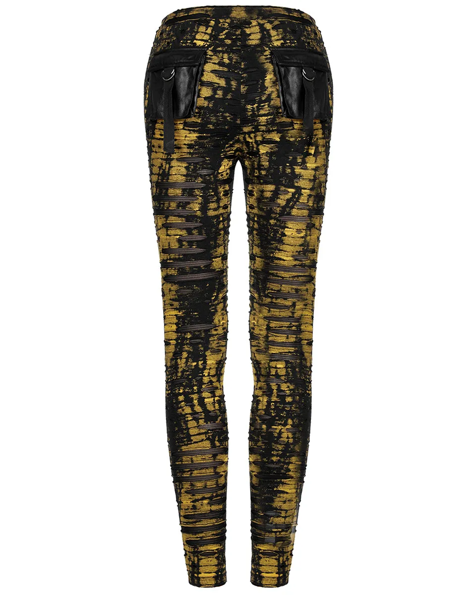 Punk Rave Womens Apocalyptic Punk Coated Broken Knit Leggings - Black & Yellow