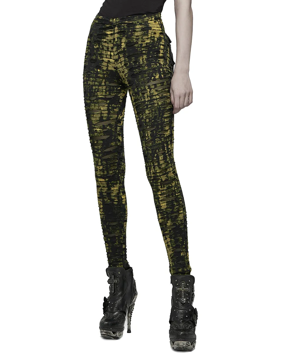 Punk Rave Womens Apocalyptic Punk Coated Broken Knit Leggings - Black & Yellow