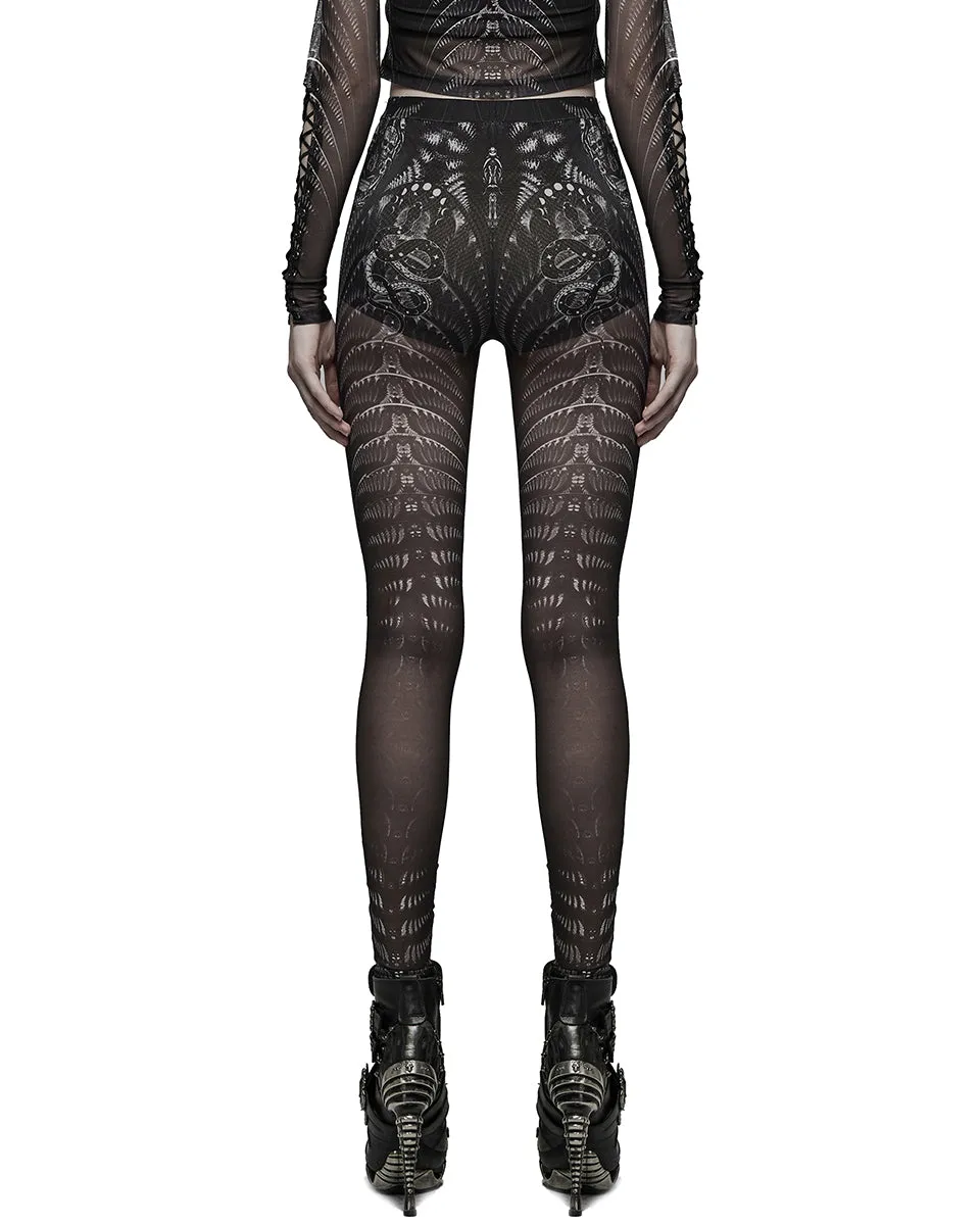 Punk Rave Womens Serpentine Printed Mesh Cyberpunk Leggings - Black & White