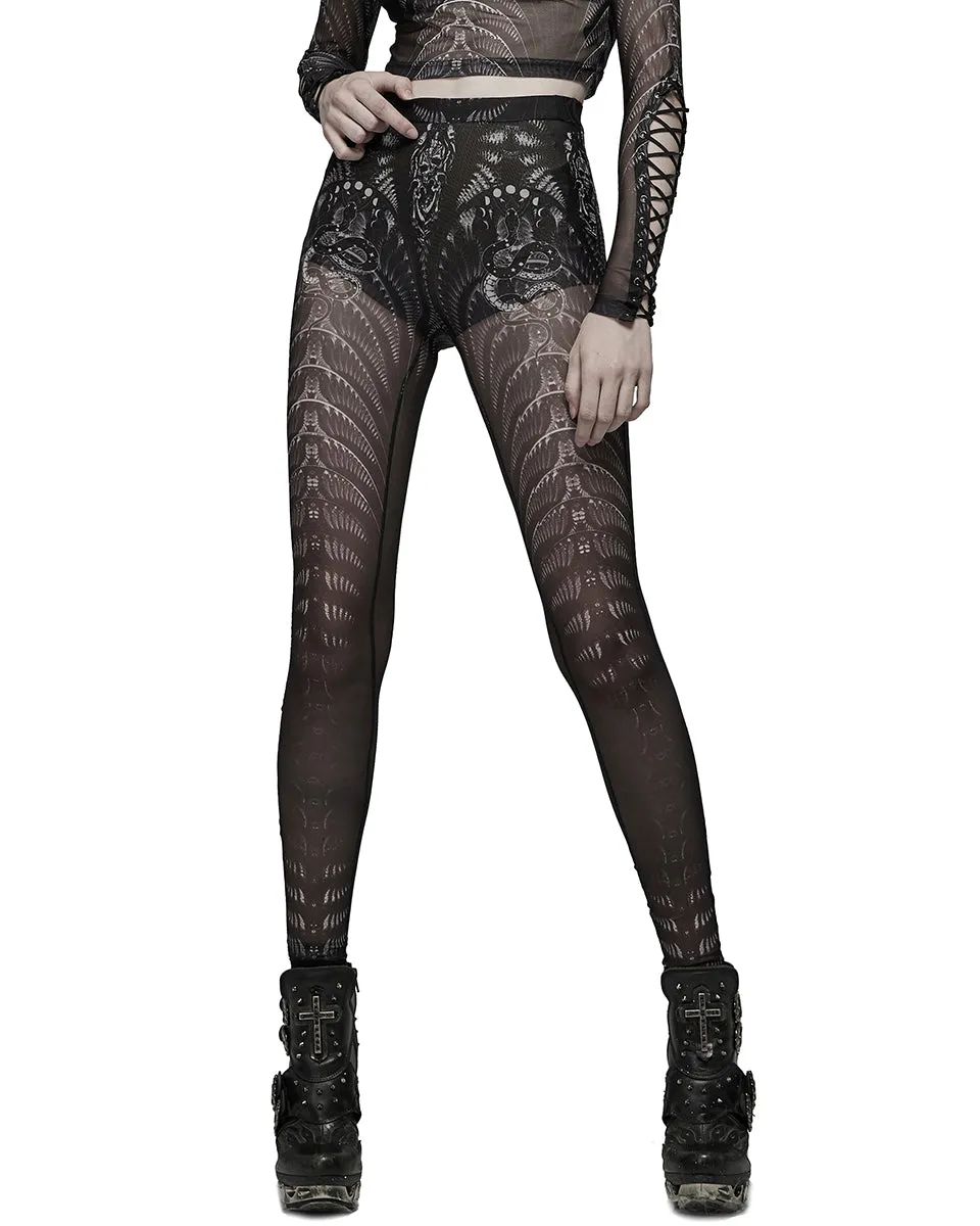 Punk Rave Womens Serpentine Printed Mesh Cyberpunk Leggings - Black & White