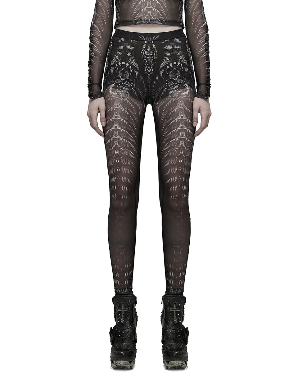 Punk Rave Womens Serpentine Printed Mesh Cyberpunk Leggings - Black & White