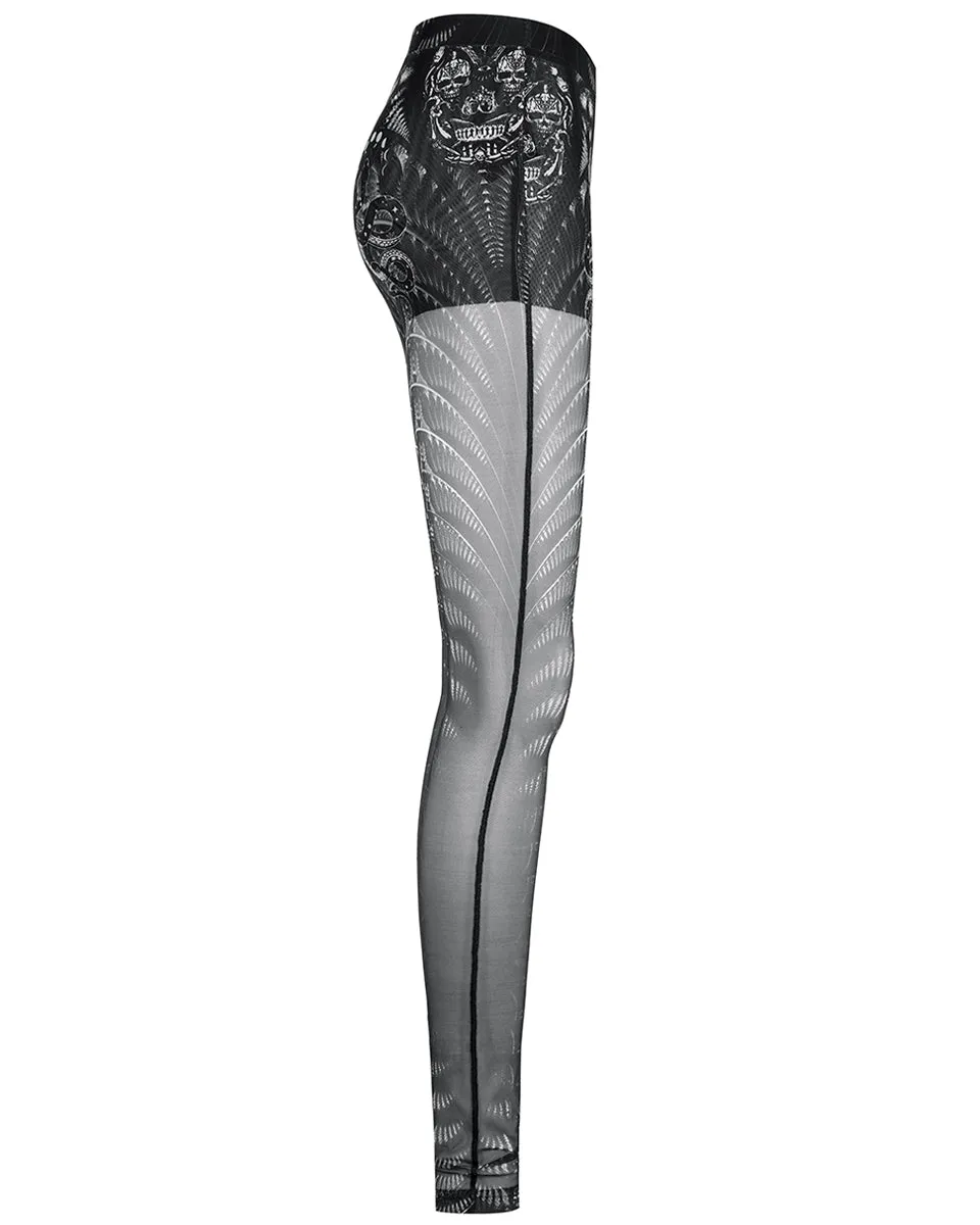 Punk Rave Womens Serpentine Printed Mesh Cyberpunk Leggings - Black & White