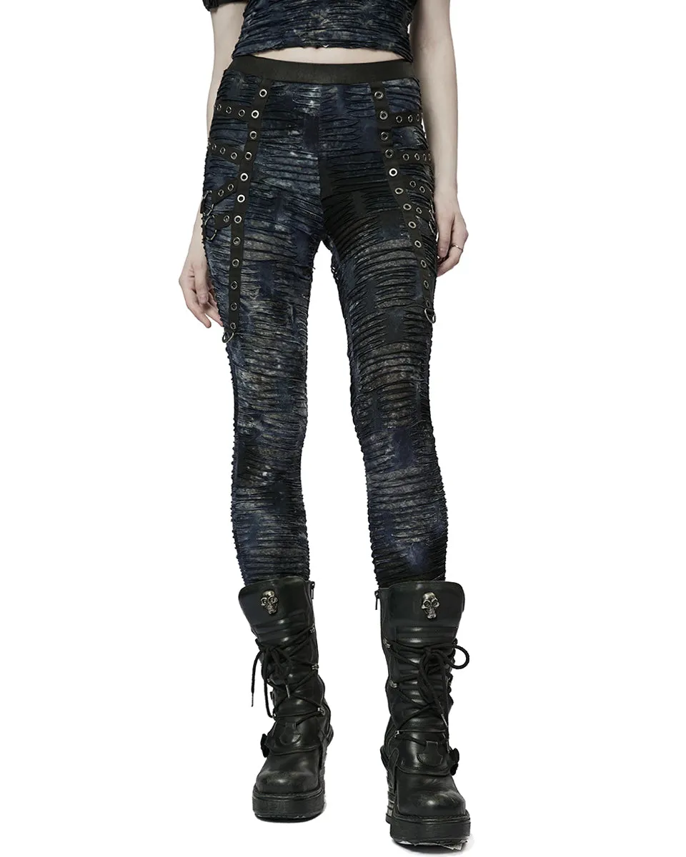 Punk Rave Womens Subterrania Shredded Apocalyptic Grunge Leggings - Black & Blue