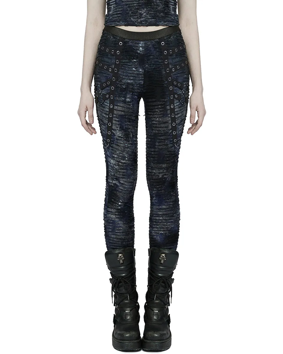 Punk Rave Womens Subterrania Shredded Apocalyptic Grunge Leggings - Black & Blue