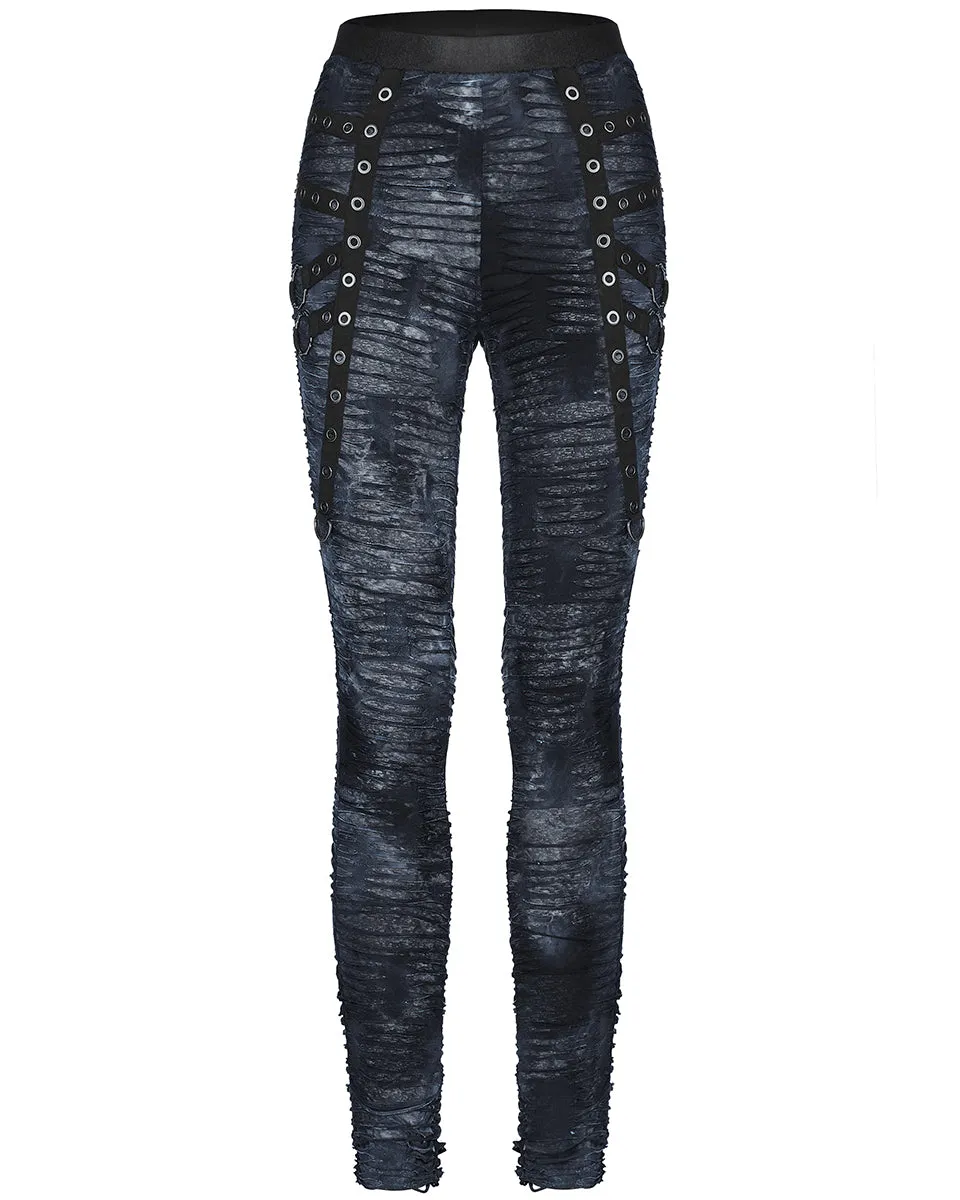 Punk Rave Womens Subterrania Shredded Apocalyptic Grunge Leggings - Black & Blue