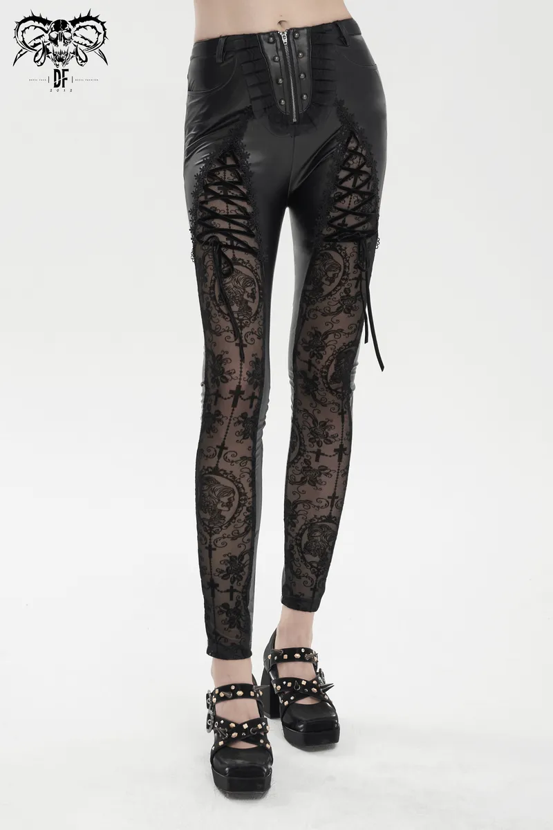 Punk Zipper Black Leggings with Lace-up on Legs / Gothic Lace Semi Transparent Pants