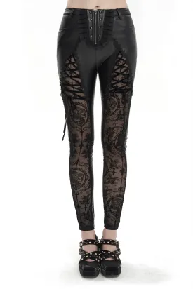 Punk Zipper Black Leggings with Lace-up on Legs / Gothic Lace Semi Transparent Pants
