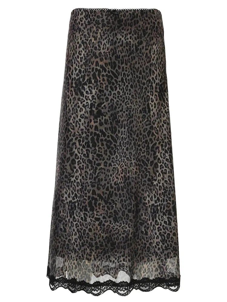 Retro Brown Leopard Y2K Long Skirt with Lace Trim for Women