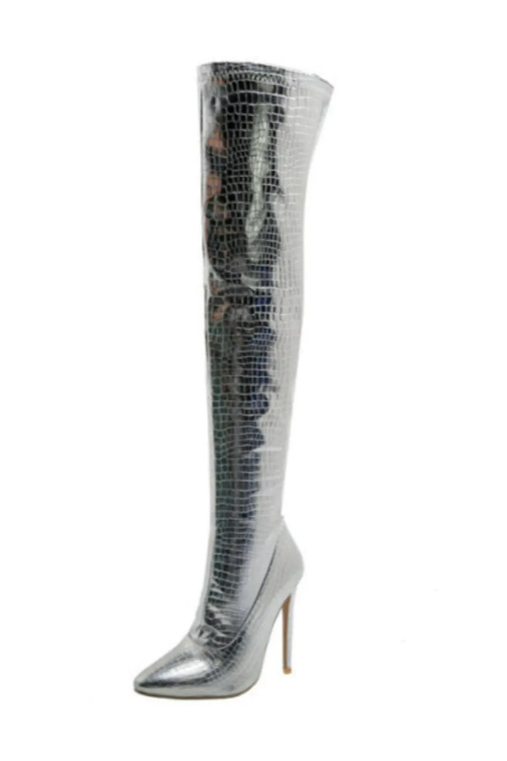 Ruby Metallic Knee High Silver Crocodile Boots