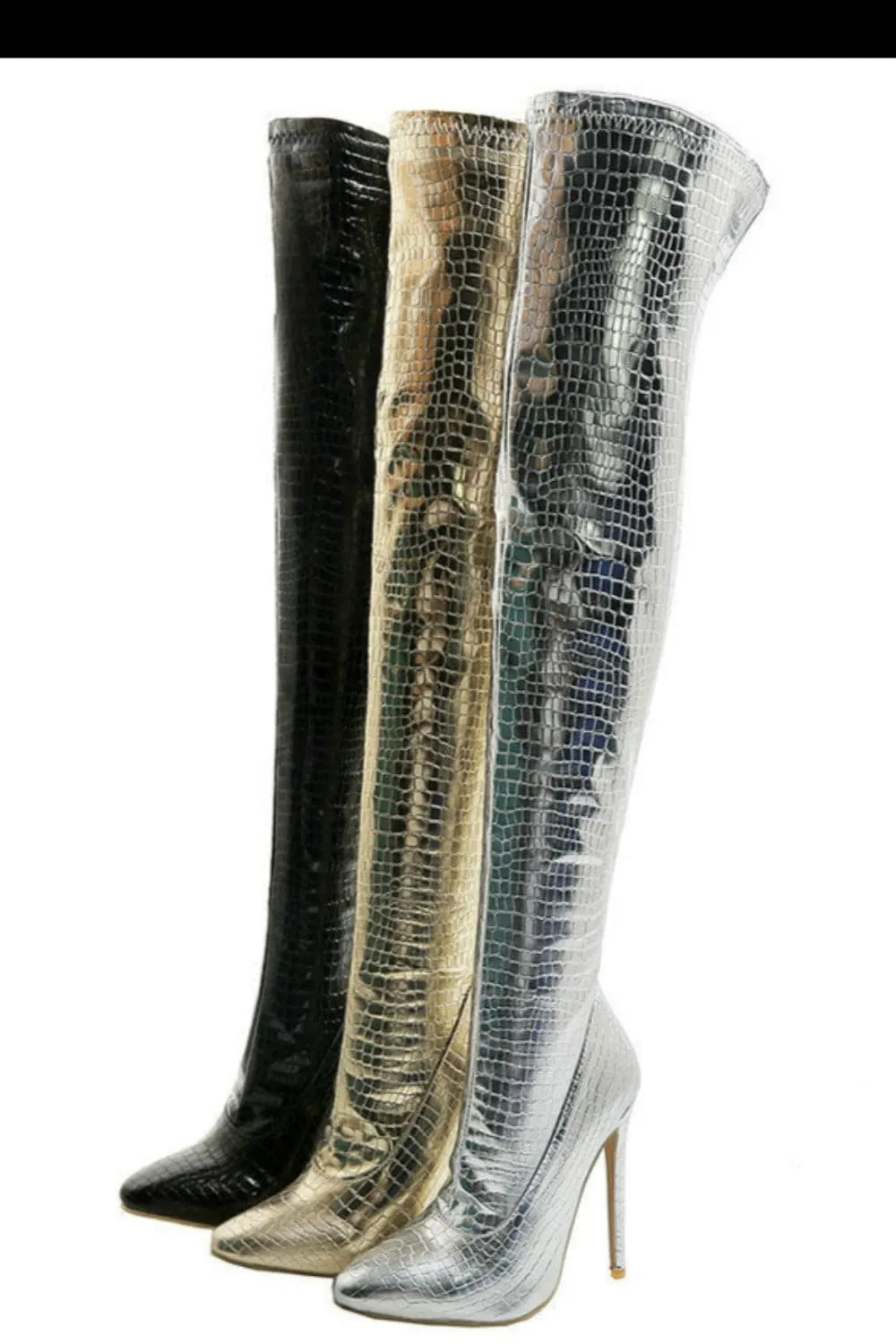 Ruby Metallic Knee High Silver Crocodile Boots
