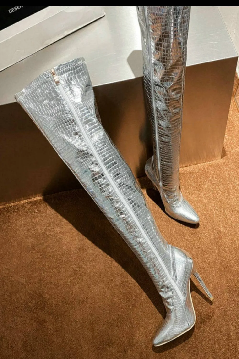 Ruby Metallic Knee High Silver Crocodile Boots
