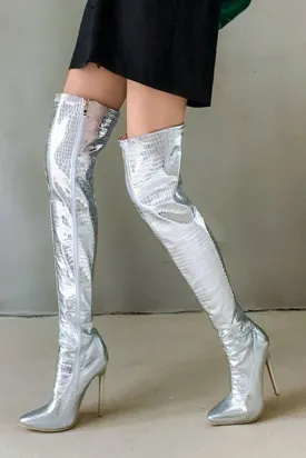 Ruby Metallic Knee High Silver Crocodile Boots