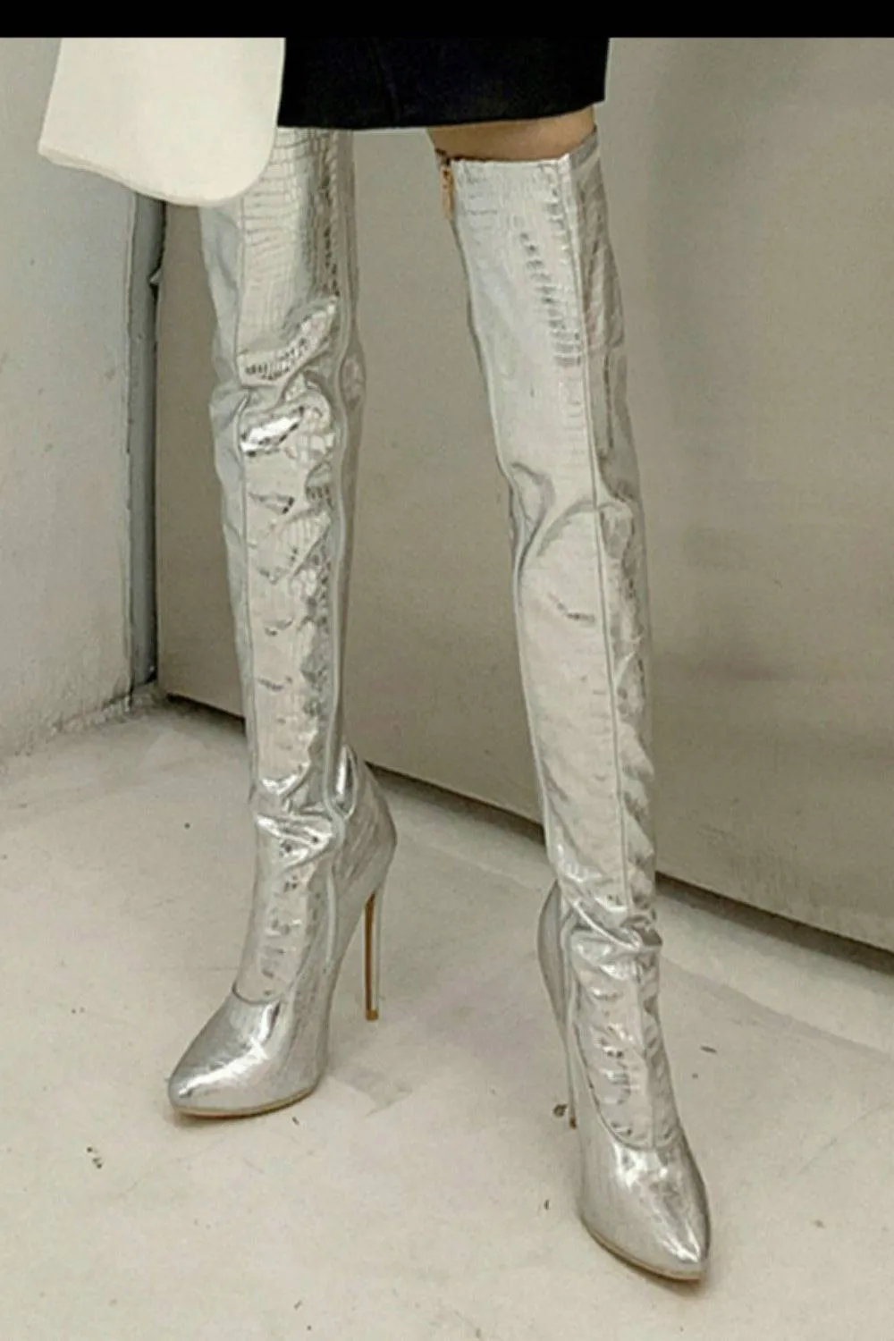 Ruby Metallic Knee High Silver Crocodile Boots