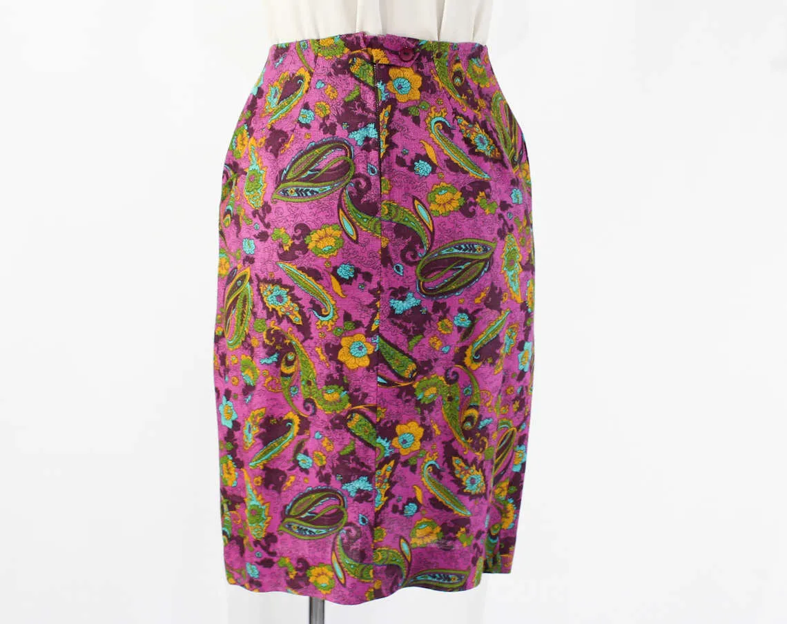 Size 2 Skirt - XS 1960s Purple Paisley Fitted Skirt - Linen Look Rayon - Preppy 60s Turquoise Blue, Olive Green, Mustard - Summer - Waist 24