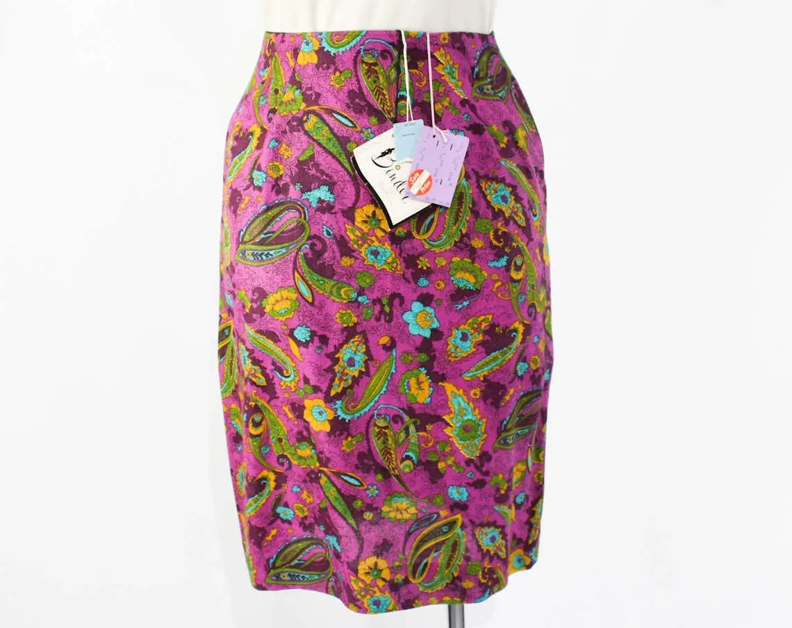 Size 2 Skirt - XS 1960s Purple Paisley Fitted Skirt - Linen Look Rayon - Preppy 60s Turquoise Blue, Olive Green, Mustard - Summer - Waist 24