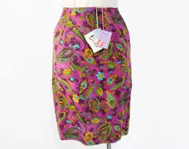 Size 2 Skirt - XS 1960s Purple Paisley Fitted Skirt - Linen Look Rayon - Preppy 60s Turquoise Blue, Olive Green, Mustard - Summer - Waist 24