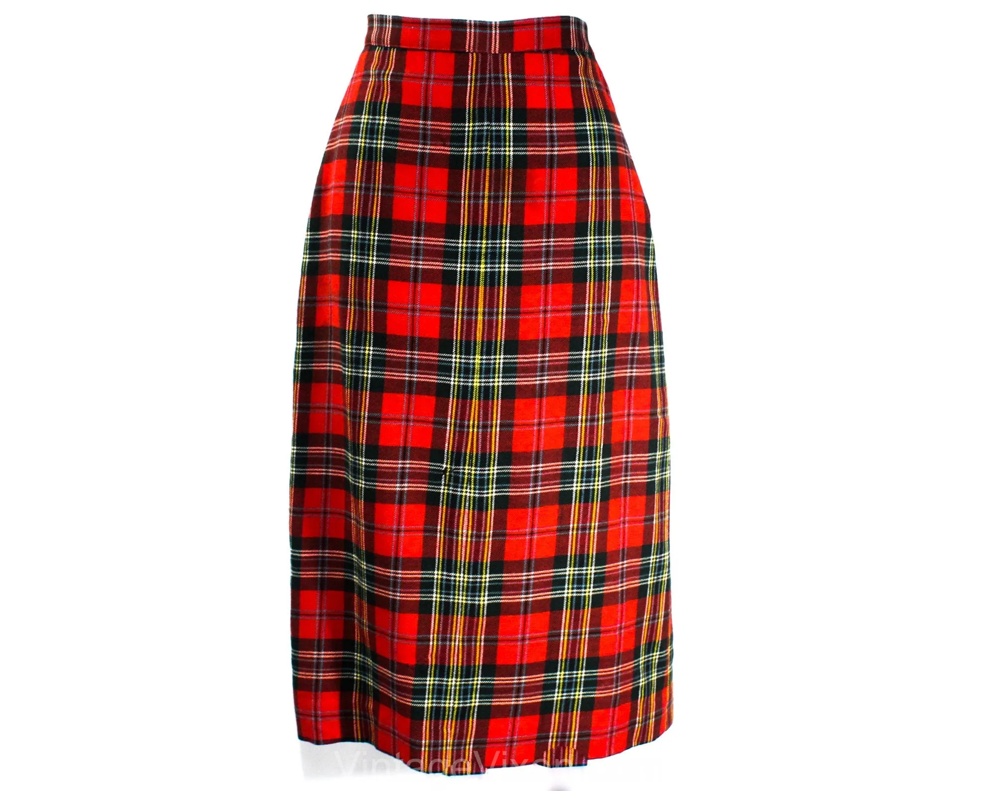 Size 8 Red Plaid Skirt - 1950s Scottish Tartan Wool Office Style - Medium 50s Fall Autumn Winter Classic - 50's Secretary Style - Waist 27